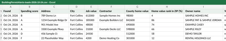 Leads opened in a spreadsheet