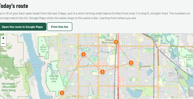 Numbered route map of the day's best leads